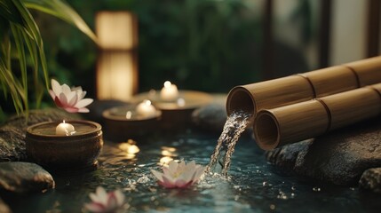 Zen bamboo fountain surrounded by glowing candles