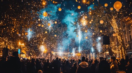 Obraz premium Vibrant Holiday Celebration with Colorful Lights and Fireworks Illuminating the Night Sky Over a Joyful Crowd in a Festive Atmosphere