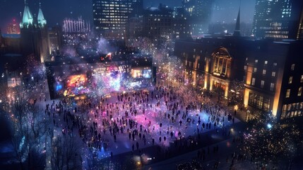 Obraz premium Vibrant Nightlife Scene of a Bustling City Square during a Festive Event with Colorful Lights, Crowds, and Modern Architecture in the Background
