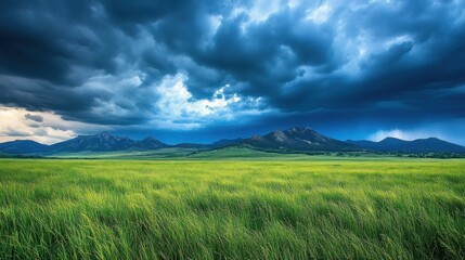Fototapeta premium Dramatic stormy sky over a vast green field and distant mountains.