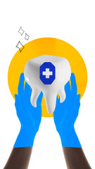 Contemporary art collage. Shiny tooth with medical cross held by hands in blue gloves, as dental care and health protection on yellow background. Concept of dental health, clinic, treatment. Ad.