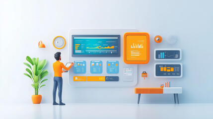 technician inspects digital data on modern interface, surrounded by vibrant graphics and plant. scene conveys sense of innovation and technology