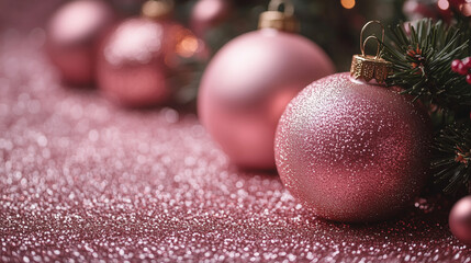 Elegant Pink Christmas Ornaments on Glittery Surface,christmas tree decorations close up