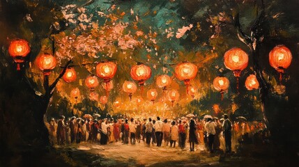 A painting of a crowd of people walking through a park at night with many red lanterns hanging from trees.