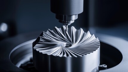 A close-up of a precision CNC machine cutting a metallic component with intricate details, showcasing advanced manufacturing technology.