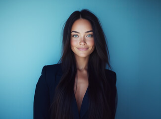 Fototapeta premium Confident business woman with long hair and striking features poses against a blue background in a professional setting
