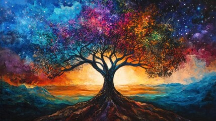 Colorful cosmic tree on a hilltop at sunset with vibrant nebulae-like sky.