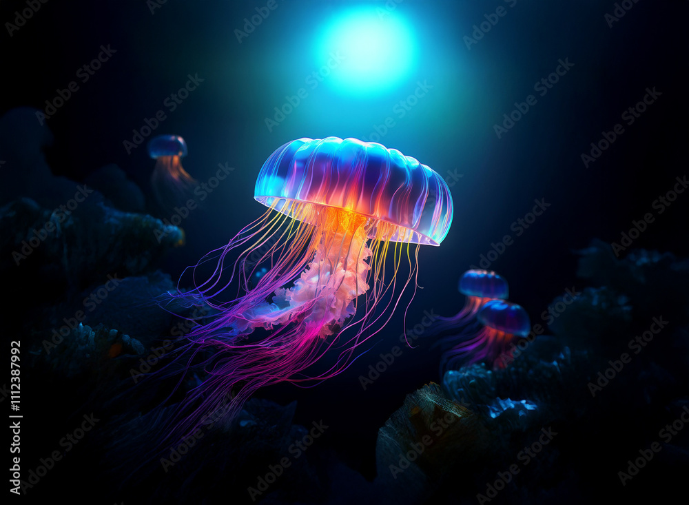 Poster luminous jellyfish gracefully drift in a dark, underwater world, illuminated by an ethereal glow. th