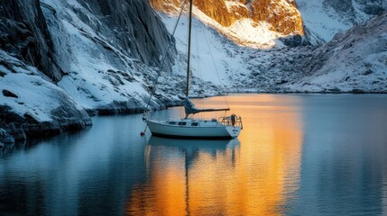 Fototapeta premium A sailboat is anchored in a calm lake with snowy mountains in the background. The water reflects the orange sunset light, creating a beautiful and serene scene.