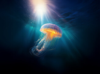 A luminous jellyfish floats in dark ocean water, backlit by a radiant sunbeam creating a dramatic underwater scene.