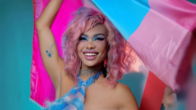 Transgender drag queen artist portrait holding transgender flag and smiling at camera. Pride Day LGBT visibility concept