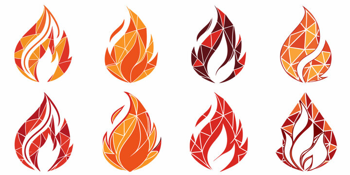 Set of polygonal fire icons with vibrant orange and red gradients, featuring sharp geometric shapes and clean white background