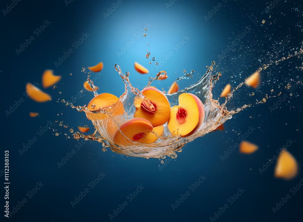 Poster juicy peach slices splash into water, creating a vibrant, dynamic scene against a deep blue backdrop