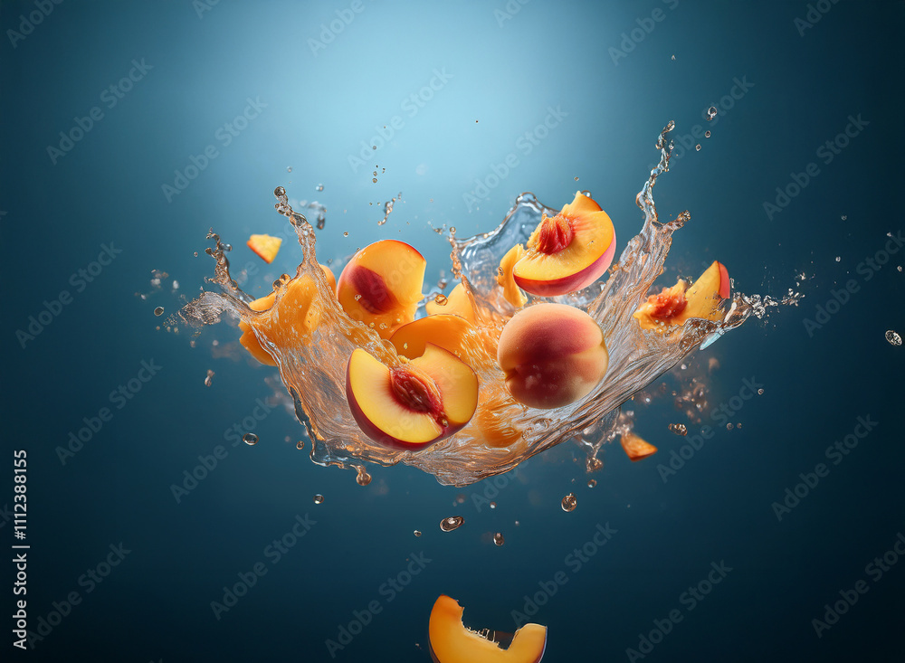 Poster juicy peach slices explode in a vibrant water splash against a deep blue backdrop. the scene is dyna