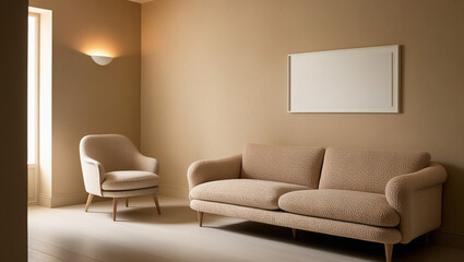 Minimalist, japandi style interior design of modern living room. Boucle sofa and accent armchair against a beige wall with frame.