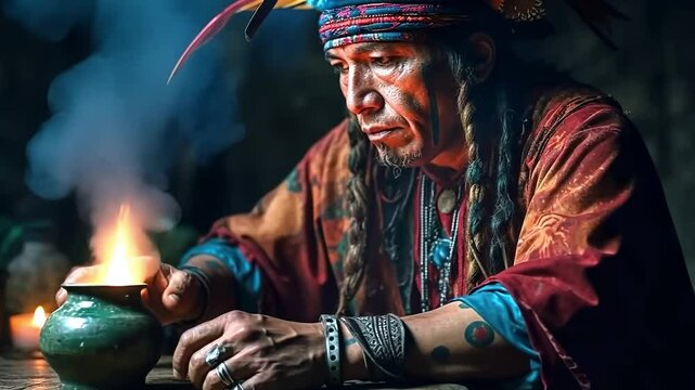 Native shaman preparing a mystical potion during a spiritual ritual, surrounded by smoke and candlelight. Vibrant colors and cultural symbolism enhance the scene