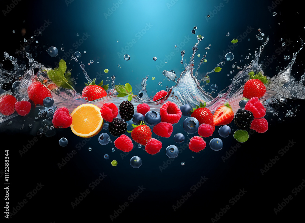 Poster vibrant berries and orange splash into water, creating a dynamic, refreshing image. the mix of color