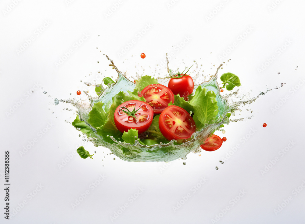 Poster A vibrant splash of fresh lettuce and juicy tomato slices, creating a dynamic and appetizing image. The water droplets add a sense of freshness and energy.