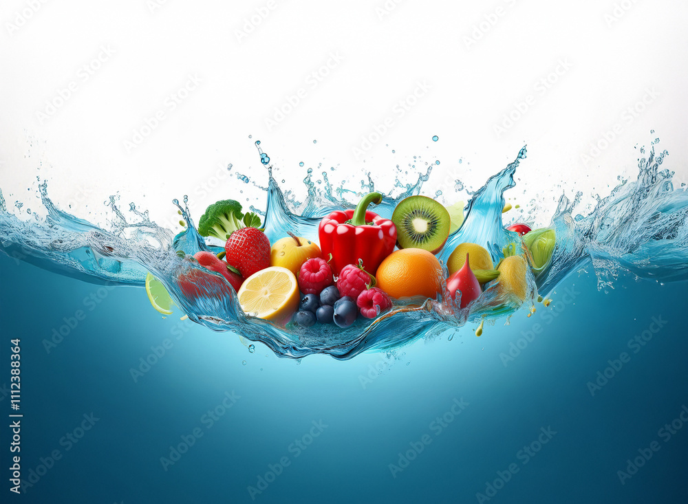 Poster vibrant fruits and vegetables splashing into clear blue water, creating a refreshing and healthy sce