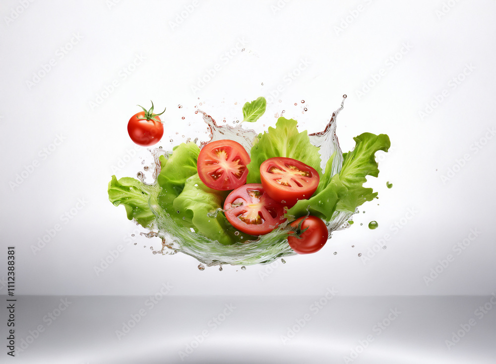 Poster fresh lettuce and tomatoes suspended in a dynamic water splash against a bright, simple background. 