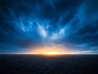 Dark storm clouds roll in as a single lightning bolt strikes a faraway tree line, creating a striking contrast with the colorful sunset in the horizon
