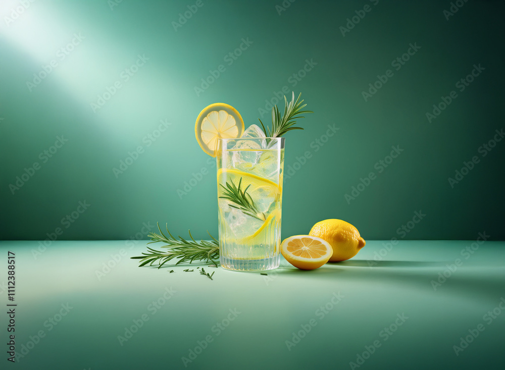 Poster refreshing lemon rosemary drink in a tall glass with ice, garnished with lemon slices and sprigs of 