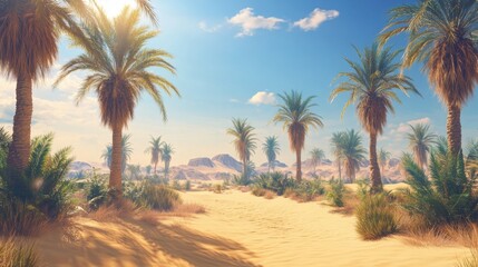 Serene Desert Oasis with Lush Palm Trees Under Bright Blue Sky and Fluffy White Clouds, Evoking Peaceful Nature and Breathtaking Landscape Beauty