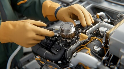 Fototapeta premium Hands wearing gloves working on a complex engine, highlighting precision and mechanical engineering.
