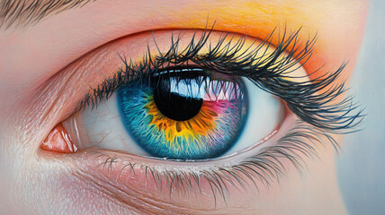 A close-up of a woman's blue eye, showcasing intricate details of the iris, pupil, and eyelashes