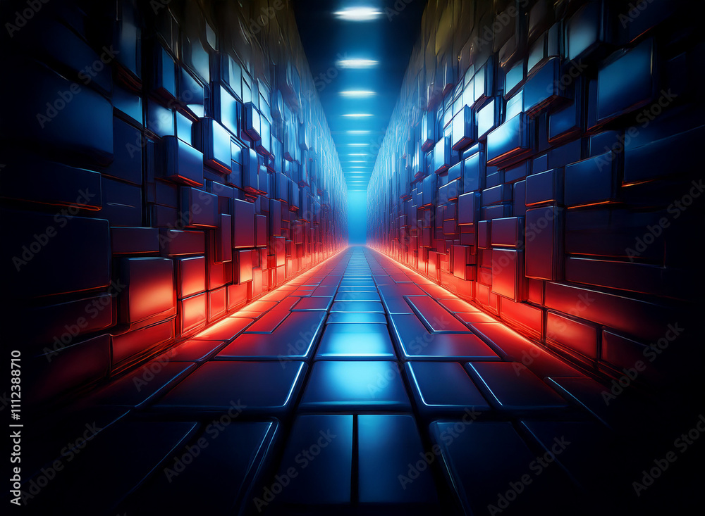 Poster a futuristic corridor with glowing red and blue neon lights illuminating a path between reflective, 