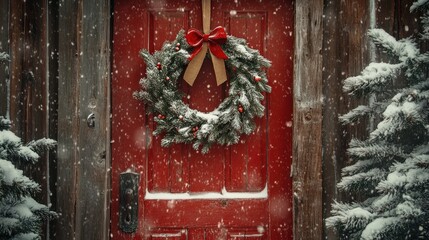 A festive red door adorned with a wreath and surrounded by snow-covered trees, creating a warm holiday atmosphere.
