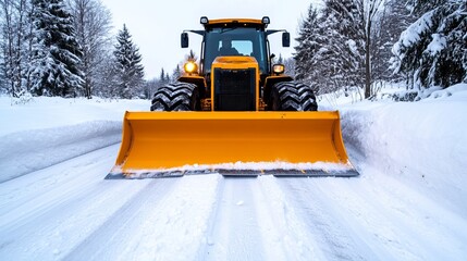A bright yellow snow plow clears a snow-covered road in a winter landscape, surrounded by trees draped in fresh white snow.
