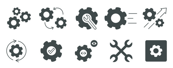 Black gear icons set. Coghweels and wrenches. Symbols of repair and maintenance work. Machinery and mechanism, engineering. Flat vector collection