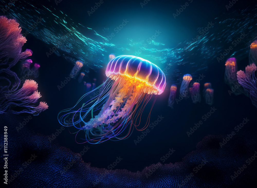 Poster a bioluminescent jellyfish glows vibrantly in the deep ocean, surrounded by a school of smaller, sim