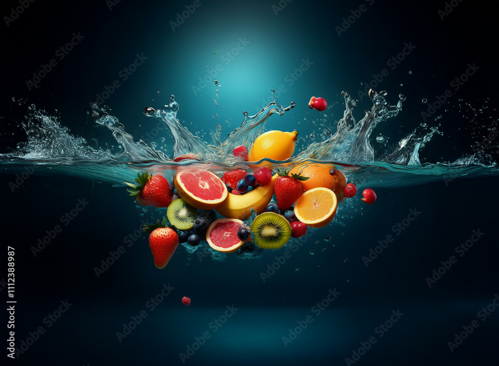 Aufkleber vibrant assortment of fresh fruits splashing into clear water, creating dynamic water droplets and r