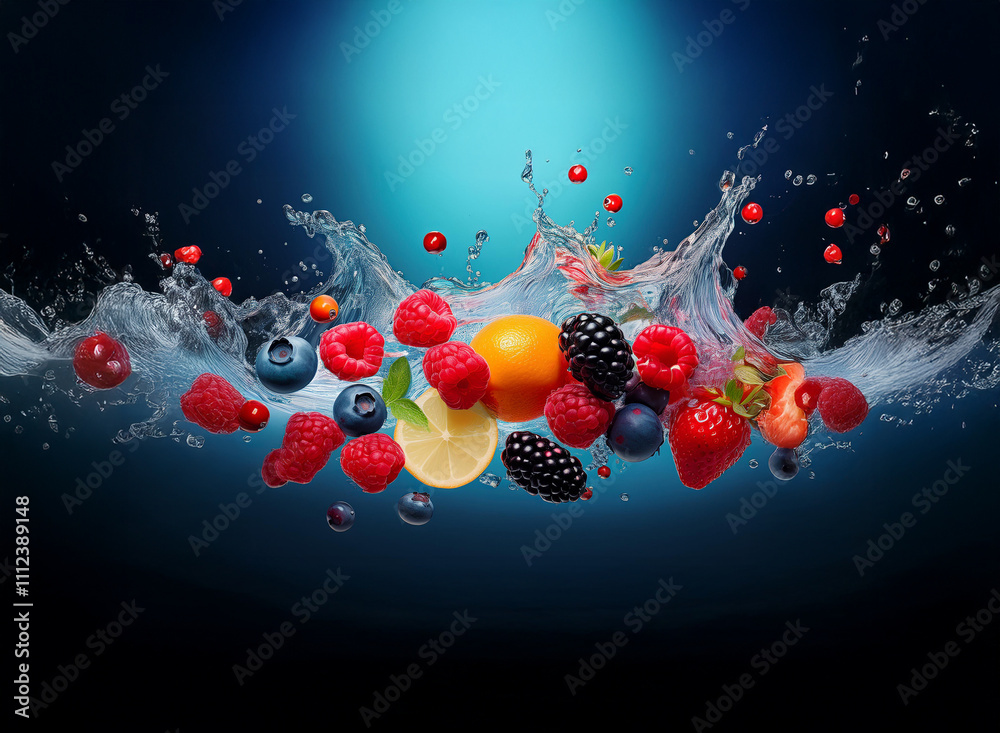Poster Vibrant berries and citrus fruit splash into clear water, creating a refreshing and dynamic scene against a deep blue backdrop.  The image evokes feelings of juiciness and vitality.