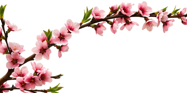 Peach tree branch adorned with pink flowers along the corner border, set on a white background.AI GENERATED