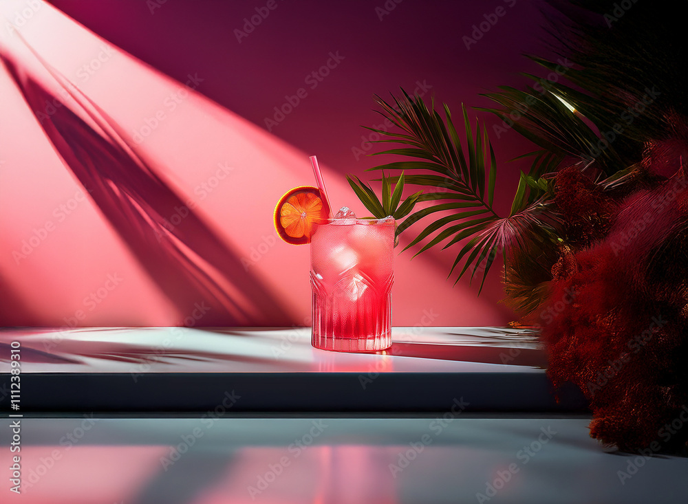 Poster a refreshing pink cocktail garnished with an orange slice, sits on a white surface. sunlight streams
