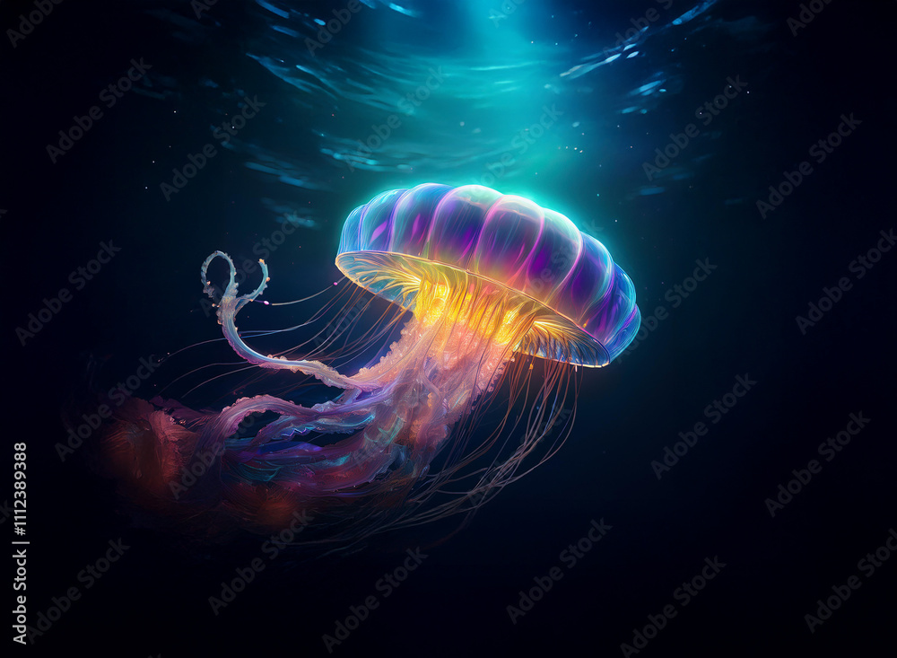 Poster a bioluminescent jellyfish gracefully floats in the deep ocean, its vibrant colors illuminated by a 