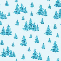 A pattern showcasing a snowy landscape filled with vibrant evergreen trees. The light blue background enhances the winter theme, perfect for festive decorations.
