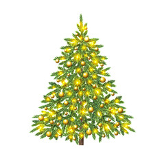 A beautifully adorned Christmas tree stands tall, illuminated by warm golden lights and embellished with shiny ornaments. The atmosphere is joyful and festive, perfect for celebrating the holiday.
