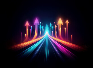 Vibrant, glowing arrows converge on a radiant path symbolizing progress and upward mobility in a dark setting.  The converging lines represent the coming together of various opportunities or options.