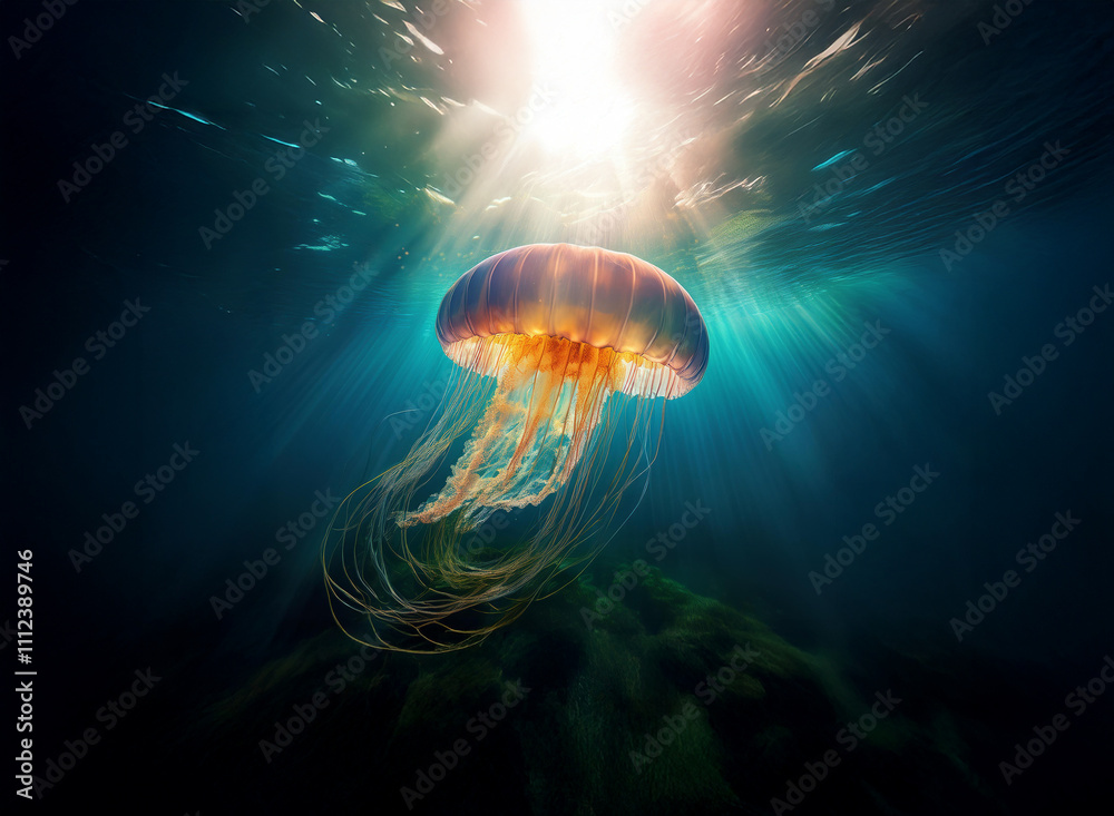 Poster a majestic jellyfish floats in a sunlit ocean, its tentacles trailing below. the dark water contrast