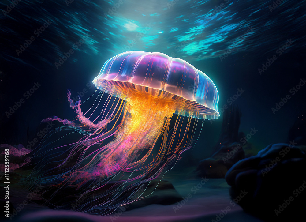Poster a bioluminescent jellyfish, vibrant orange and purple, gracefully floats in the deep ocean. sunbeams