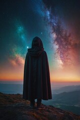 Person in hooded cloak observing cosmic landscape