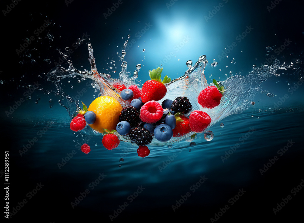Poster A vibrant mix of fresh berries and a lemon create a dynamic splash in cool, dark water. The image is bright, evocative of summer and refreshment.