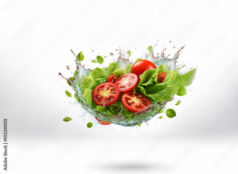 Poster fresh lettuce and sliced tomatoes suspended in a splash of water, creating a vibrant, healthy image.