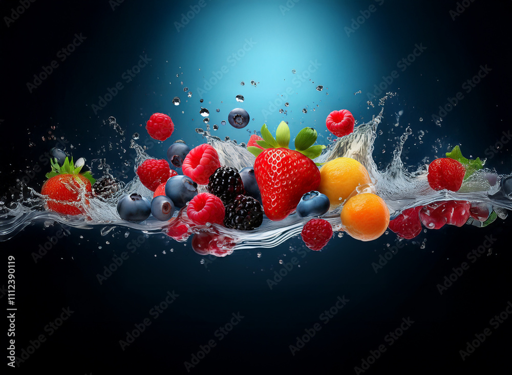Poster vibrant berries and fruit burst from water, creating a refreshing splash of color against a dark blu