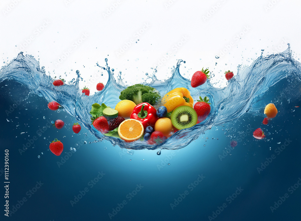 Poster vibrant fruits and vegetables splash into clear water, creating a refreshing and healthy scene. the 