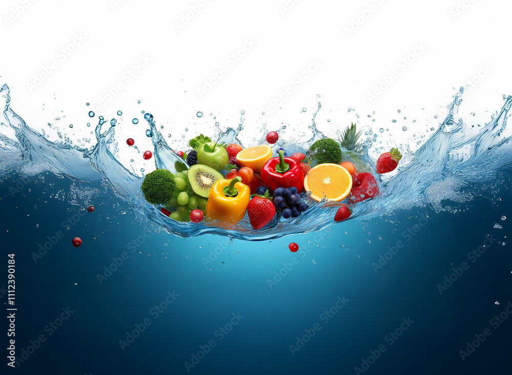 Poster a vibrant mix of fresh fruits and vegetables splashes into clear blue water, creating a dynamic and 
